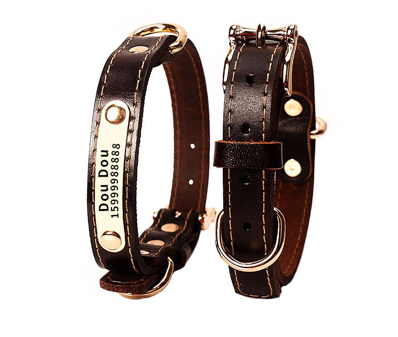 Dog Collar Engraving Anti-Loss Golden Hair Labrador Real Cowhide Collar Small Medium And Large Dog Tags